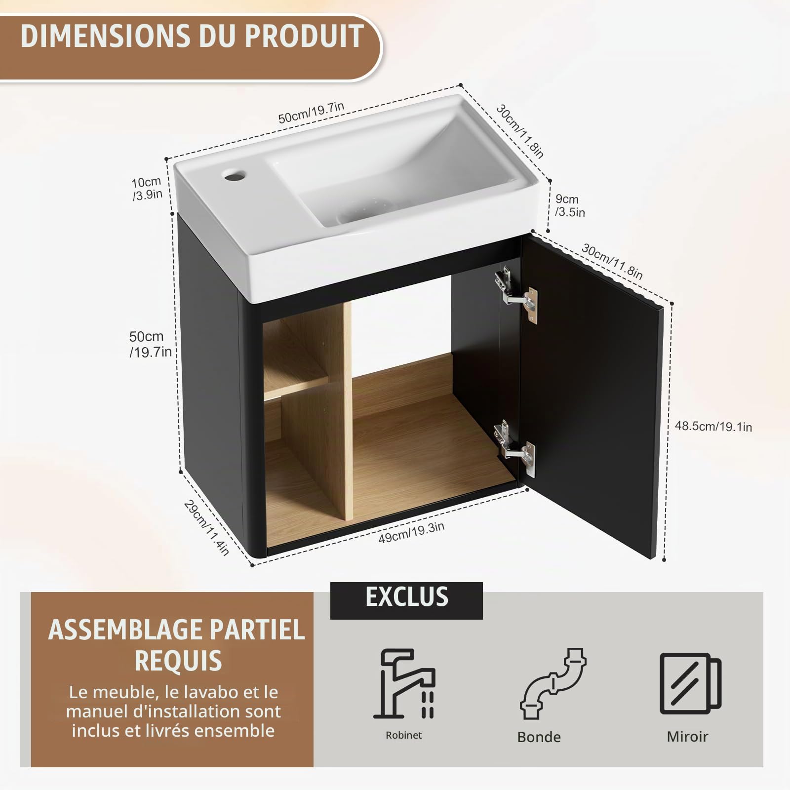 MSFE Meuble Lave Main WC 50 cm Largeur,Meuble Lave-Mains Mural avec Lavabo en Résine,Espace de Rangement Caché/Ouvert pour Petites Salles de Bain et WC,Motif de Ligne,50 * 60 * 30cm,sans Robinet