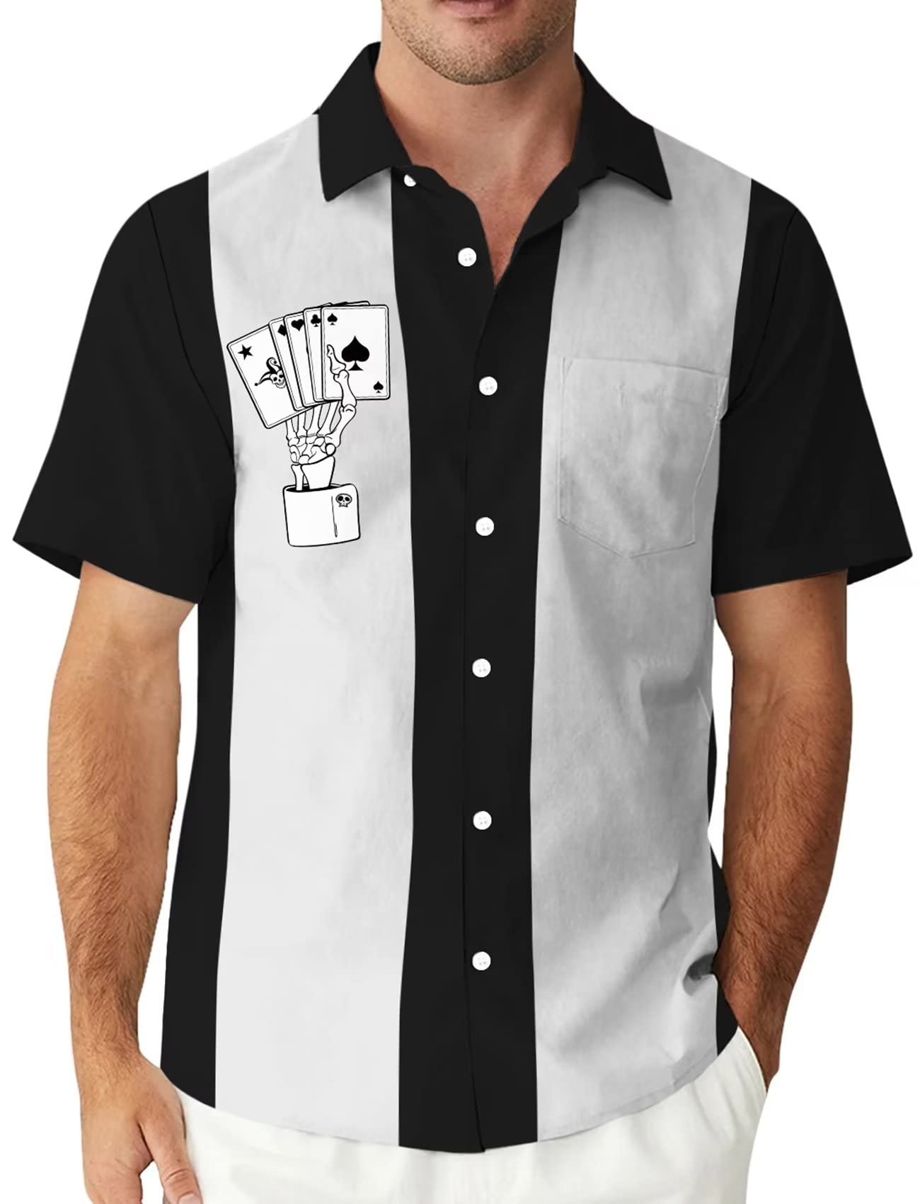 Lzzidou Men's Skeleton Hand Vintage Poker Bowling Shirt 1950S Retro Short Sleeve Button Down Hawaiian Shirts, Xl