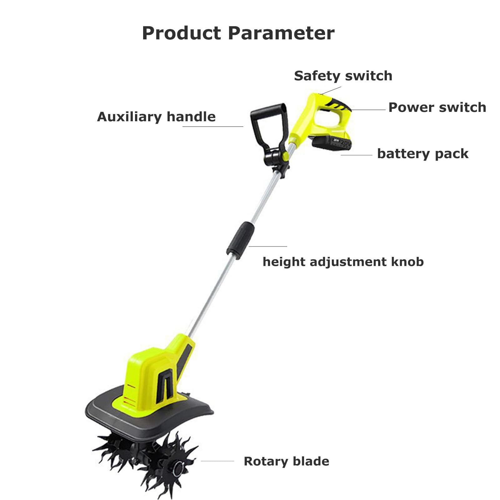 Rotavator elettrico senza fili per giardino, larghezza di lavoro di 23 cm, profondità di lavoro 23 cm, coltivatore di terreno da 20 V, coltivatore con interruttore di sicurezza