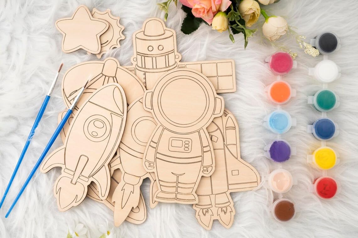 American Elm Set of 10 DIY Wooden Space Astronaut Painting Kit for Kids - Creative Wooden Toys DIY Craft Unfinished Space Figures DIY Wooden Crafts for Kids Art 4