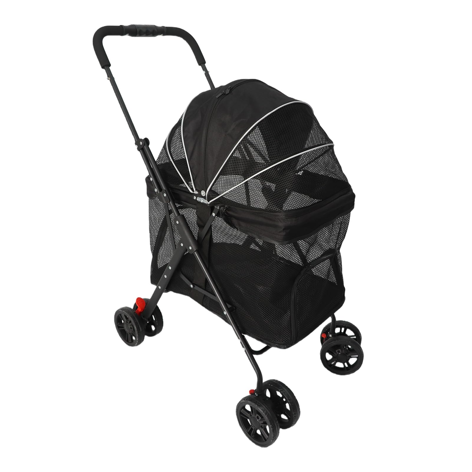Cochecito plegable para mascotas, malla transpirable de 360 ​​grados con dosel con cremallera de 2 vías, bandeja de comida desmontable, portavasos, cochecito de viaje para perros (Negra)