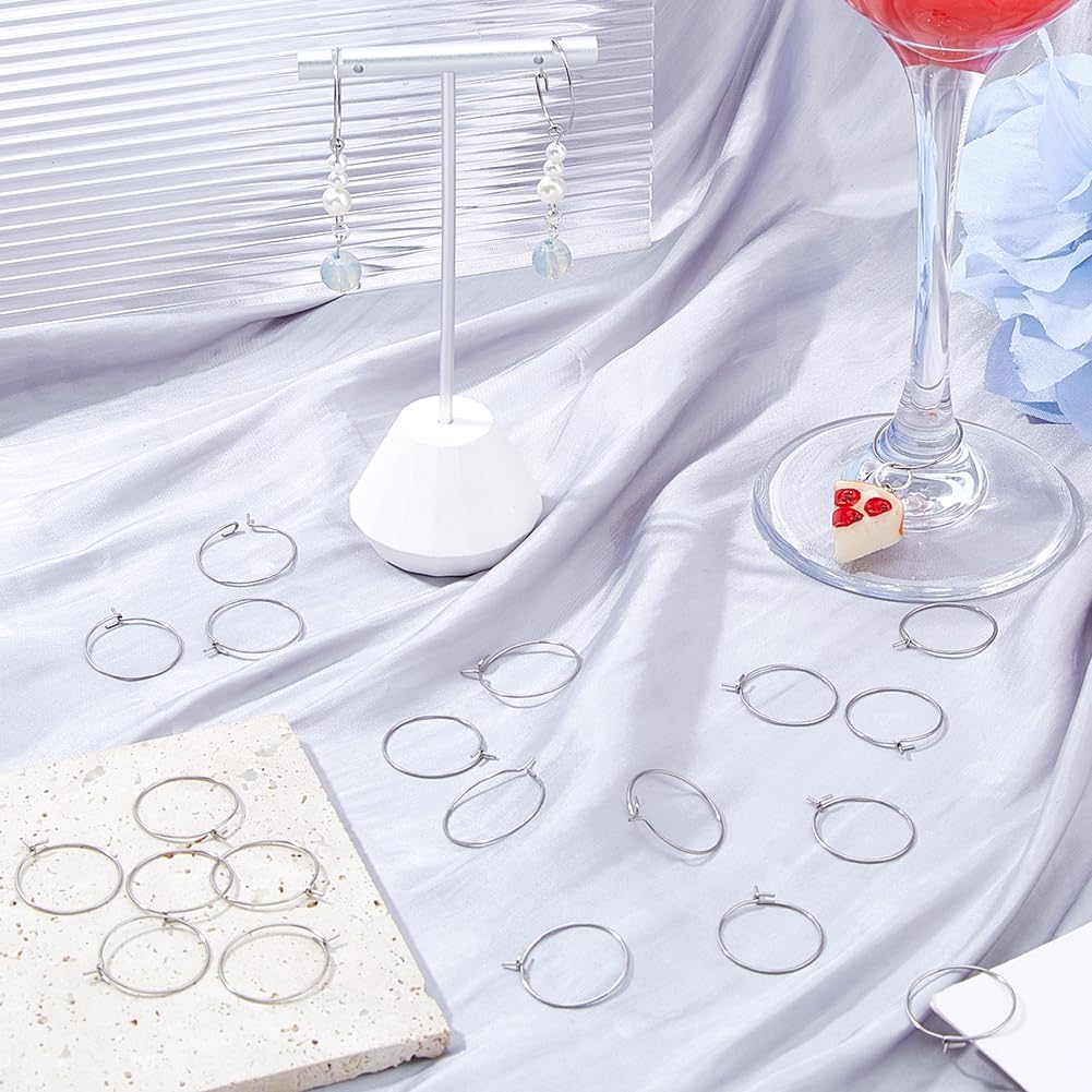 Hoop Ear Wires Stainless Steel Color Wine Glass Charms Rings 316 Surgical Stainless Steel Beading Hoop Rings for Wedding Party Wine Glass Marker Earring Jewelry Making