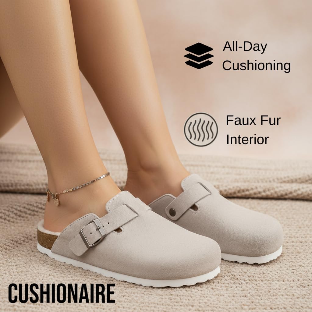 CUSHIONAIRE Women's Hana Cork footbed clog with Genuine Leather upper, Faux Fur lining, and +Comfort - Image 4