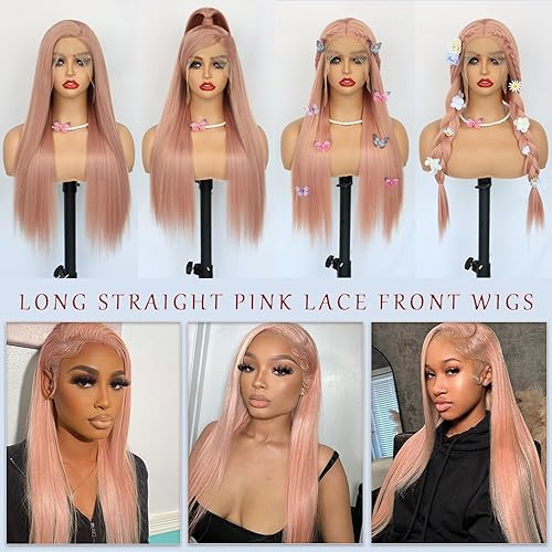 Miniatura 7 de Oxeely Pelucas de cabello largo y lacio, color rosa, encaje frontal, línea capilar natural, sin pegamento, resistente al calor, para mujeres negras,