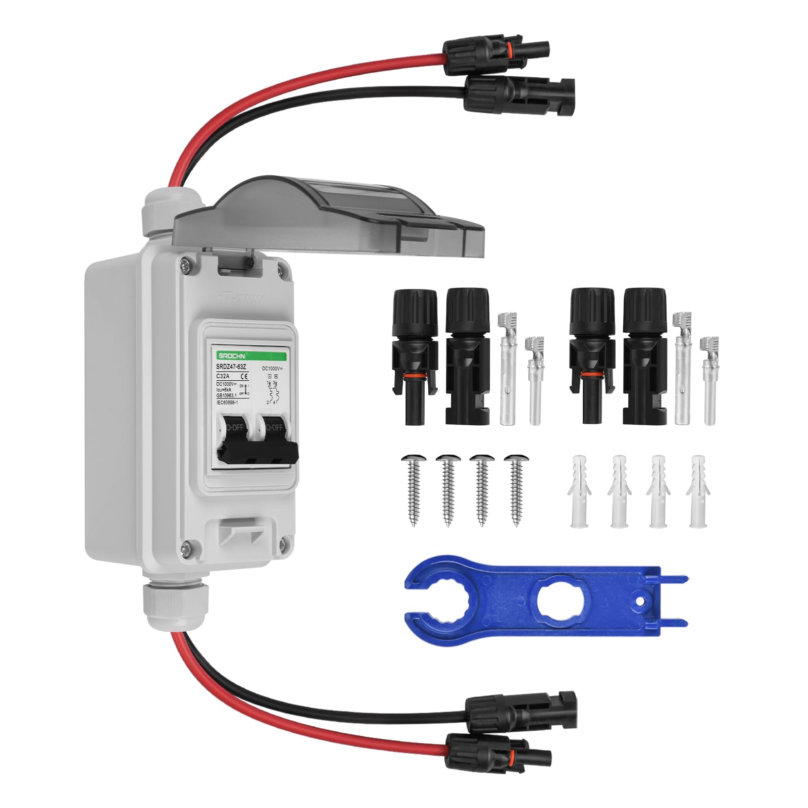 TEOV Interruttore di separazione solare PV, 2P 32 A, 1000 V, con cavo, IP65, impermeabile, per impianto solare PV