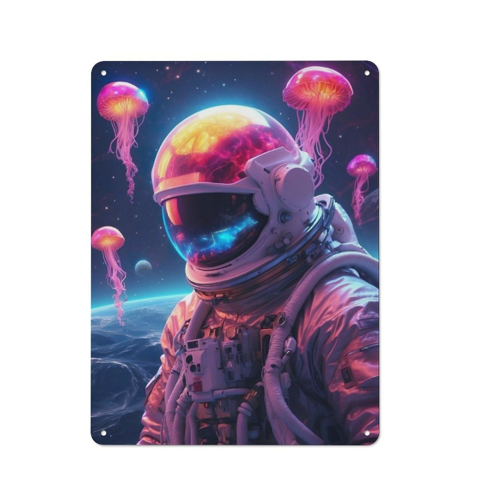 Junmoney Space Jellyfish Astronaut Rustic Metal Wall Sign 40X30cm For Hobby Room Or Studio, For Vintage Wall Decor Fans, For Themed Room Decoration