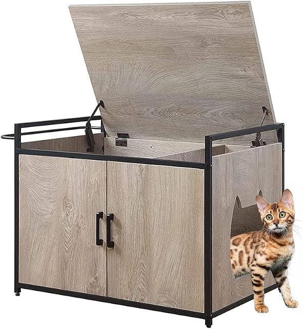 unipaws Large Wooden Cat Litter Box Enclosure, Indoor Hidden Litter Box with Top Opening and Side Bar, Cats Washroom Storage Bench for High Jumbo Litter Box, Automatic Litter Box Hidden, Grey