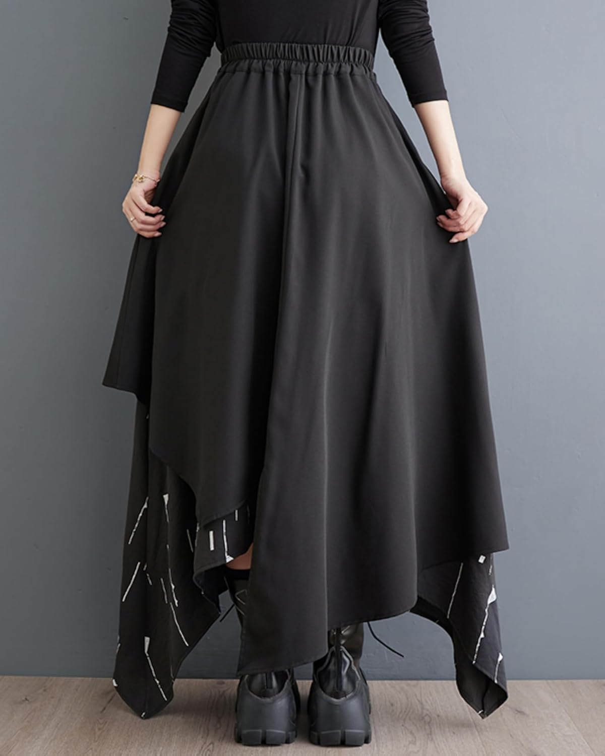 ellazhu Women's Baggy Irregular Patchwork Elastic Waist Ankle Maxi Skirt GZ73 A