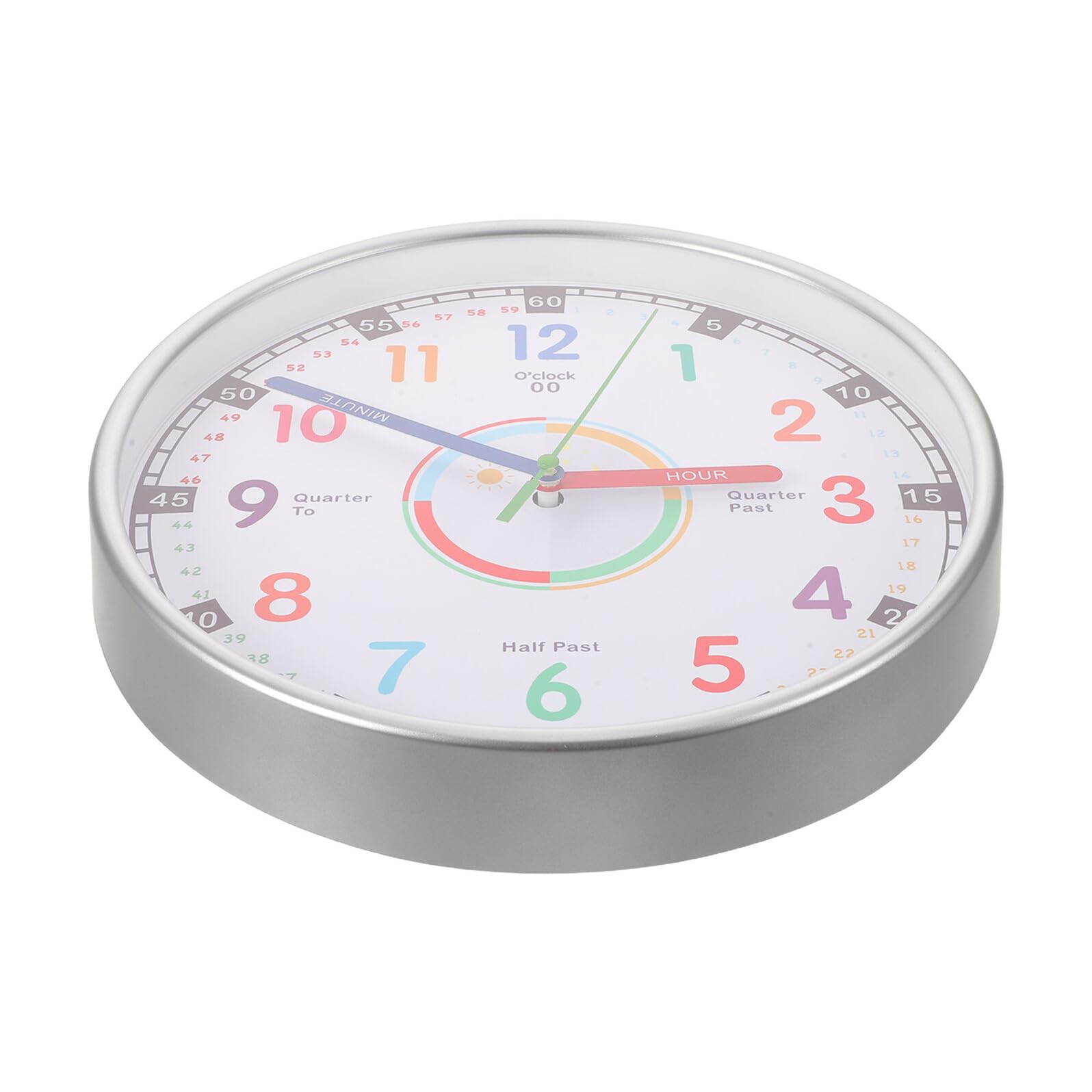 KOMBIUDA Pädagogische Kinder Analoguhr 25cm Silber mit Leisem Lauf