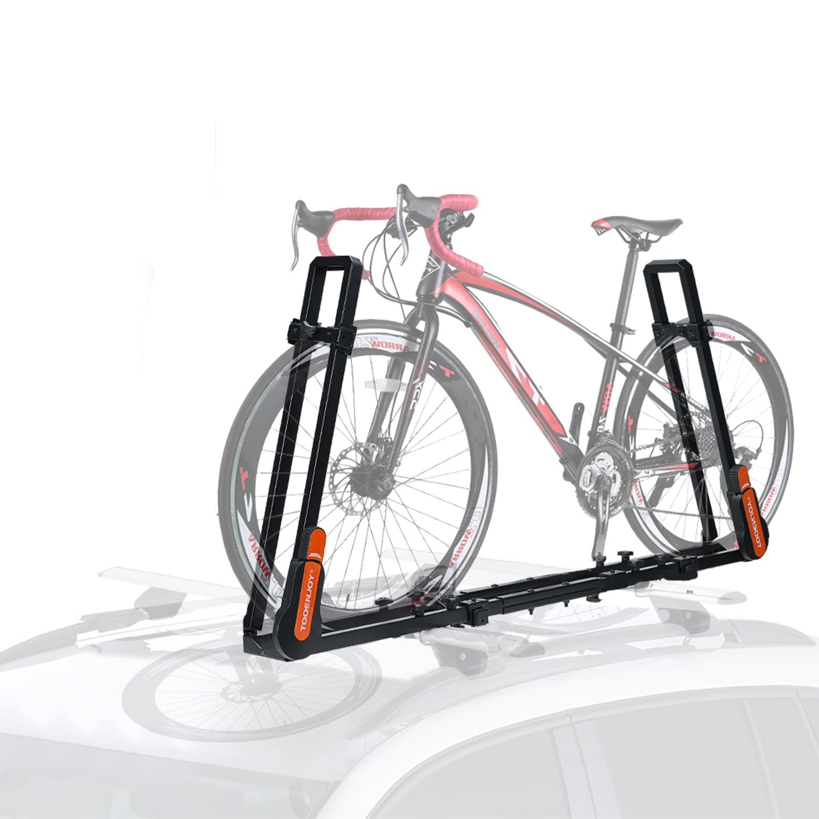 TOOENJOY - Soporte de Techo para Bicicleta y Coche, Soporte Vertical para Bicicleta en la azotea con Brazo de Carga Doble y Bloqueo de carraca Seguro, Solo para Barra Transversal móvil