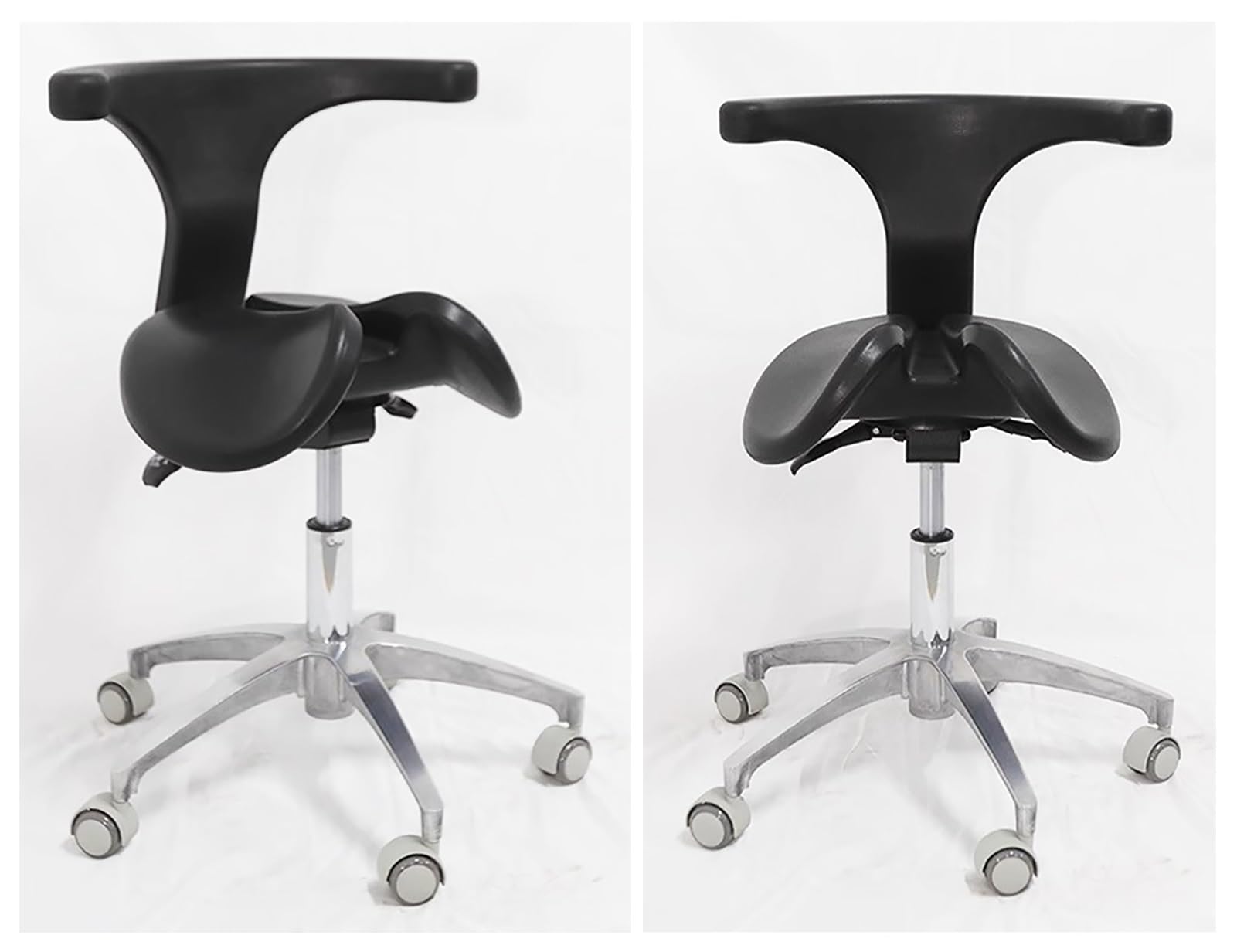 Sattelhocker Dental-Rollstuhl, Geteilter Sitz, Schwarz, Ergonomischer Geteilter Sattelstuhl mit Rückenlehne, 19"-25" Lift-Salon-Rollhocker, Drehbarer Bürostuhl
