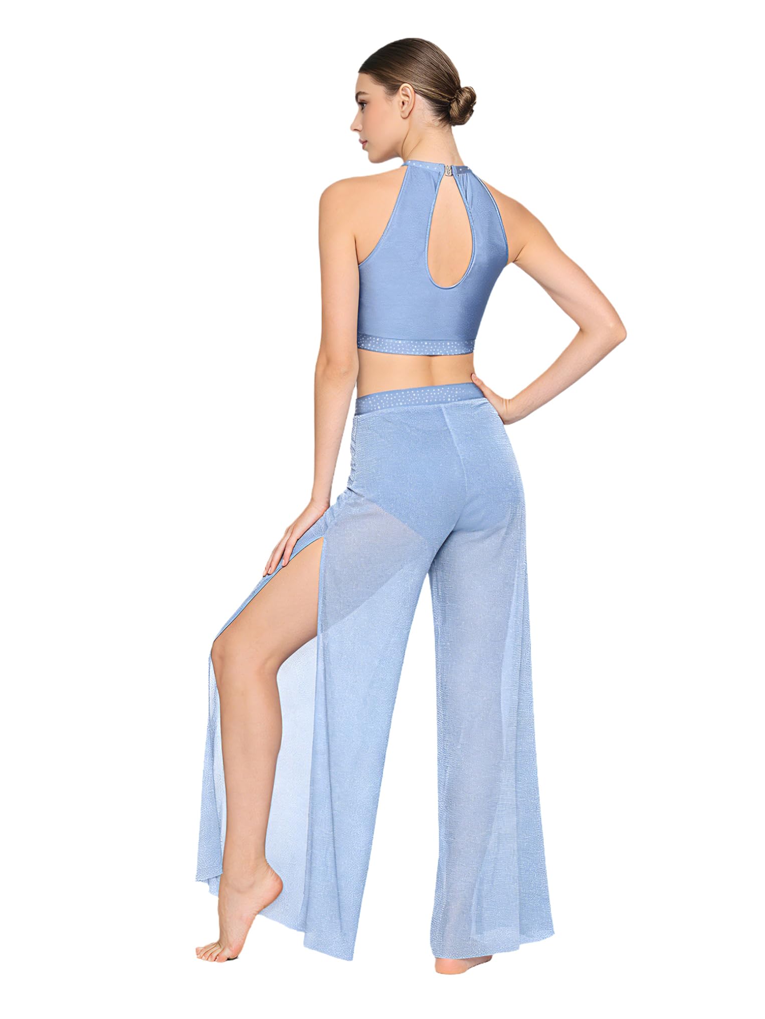 Oyolan Vêtement Danse Lyrique Ballet Femme Costume Danse Contemporaine Moderne Crop Top Strass Pantalon Ample Dancewear