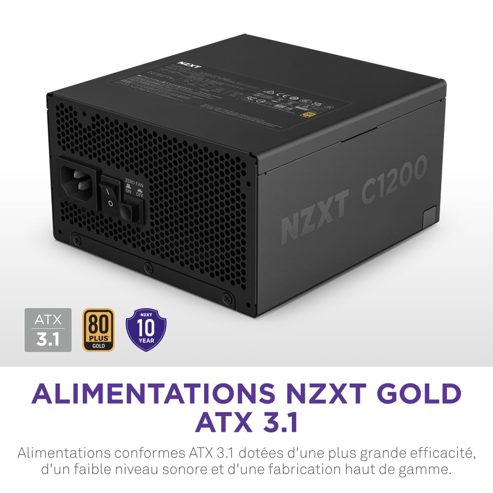 NZXT C1200 Gold ATX 3.1 - Alimentation entièrement modulaire et silencieuse pour Jeux vidéo sur PC - 1200 Watts - 80 Plus Gold - Connecteur 12 V-2x6 - Condensateurs 100% Japonais - Noir