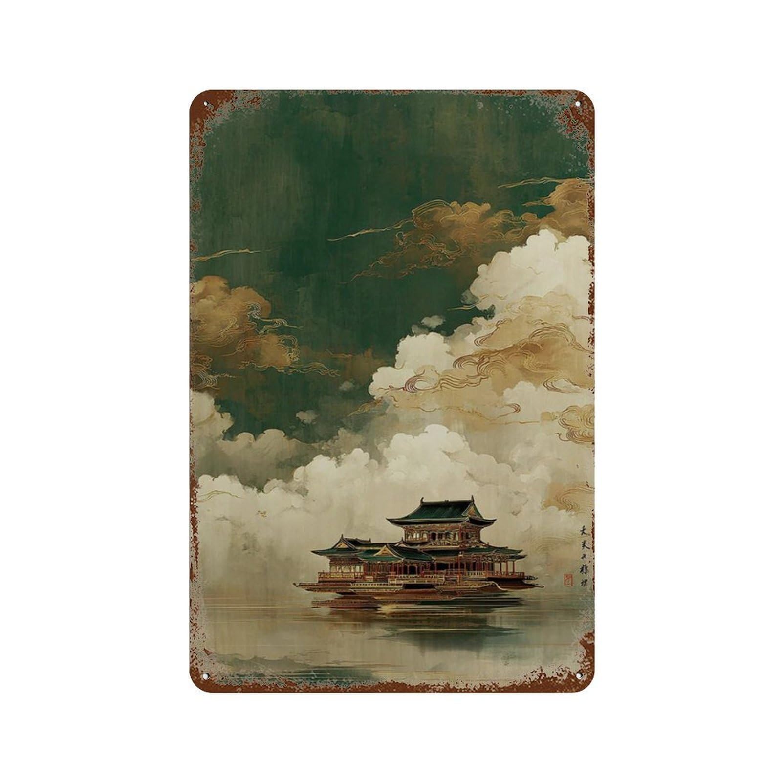 xiaoxiaoshen Japanese Floating Palace Misty Temple Lake Atmospheric Cloud Landscape Wall Decor Art Metal Tin Poster Modern Home Decor Art Home Bar Shop Decorations Vintage Sign 30x20cm