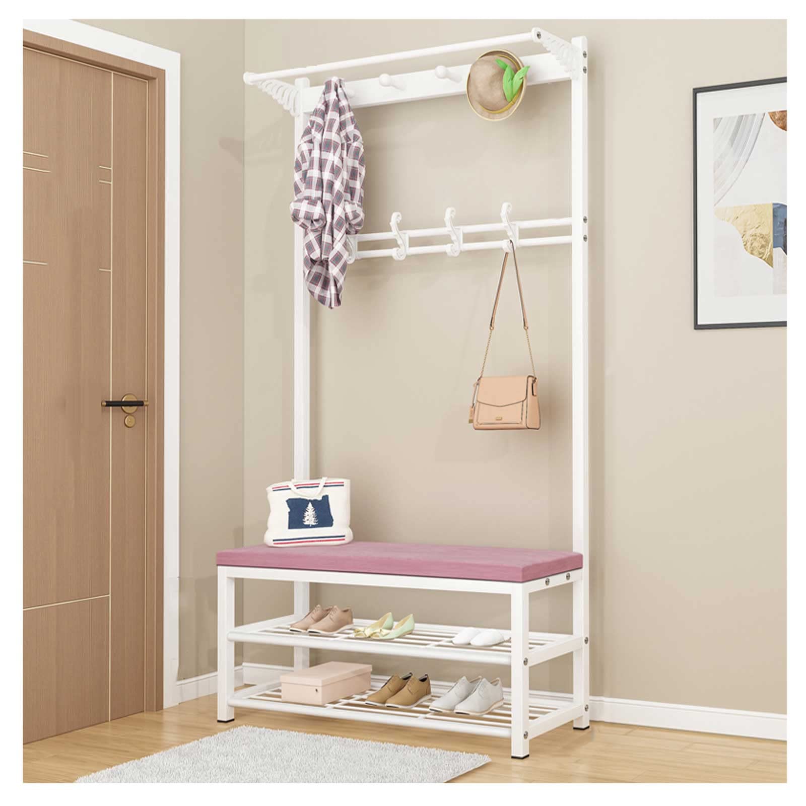 Porte-manteau en métal rose multifonctionnel avec grand banc à chaussures pour chambre