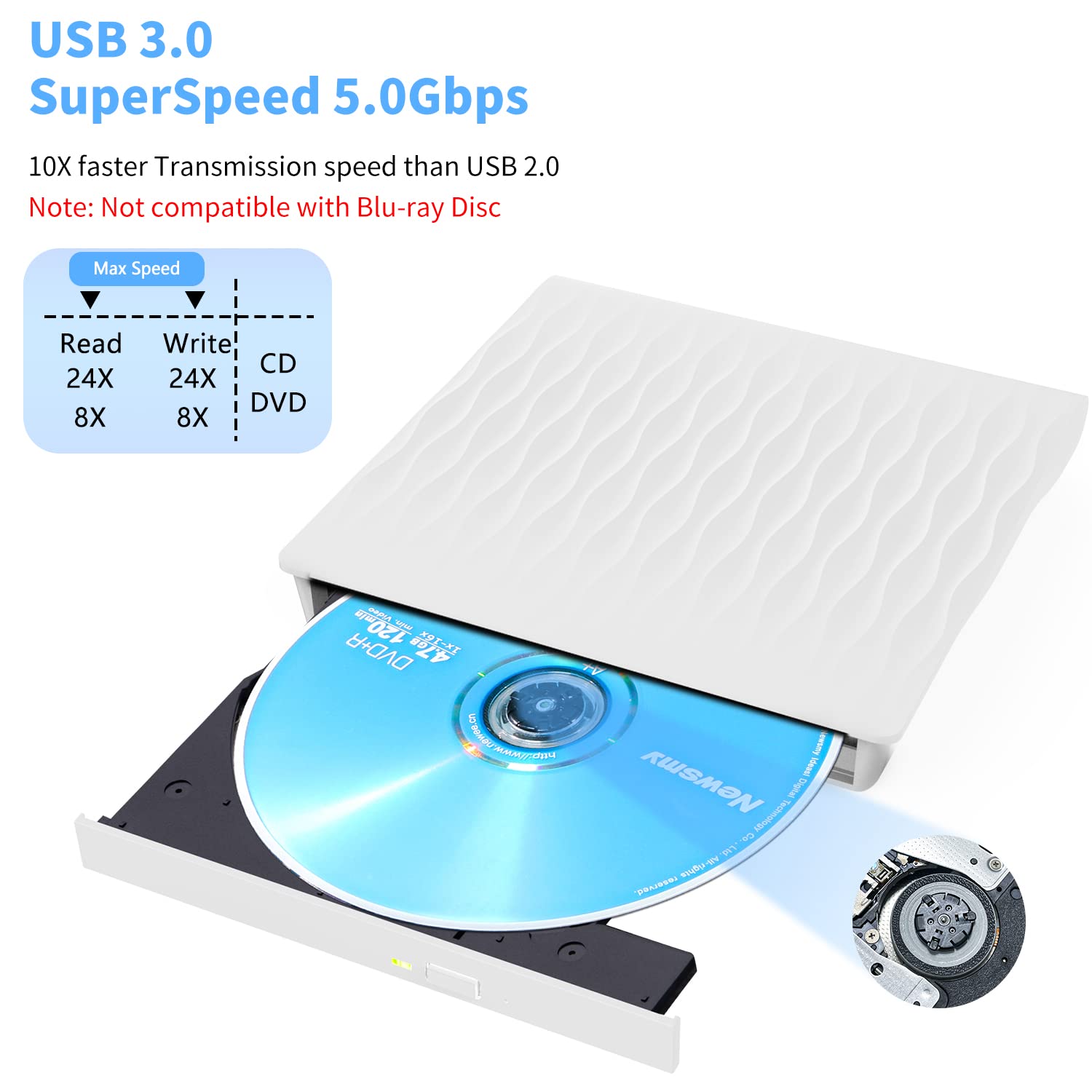 Lecteur DVD CD Externe USB 3.0 & Type-C, Graveur DVD Portable CD/DVD +/-RW, pour Tous Laptop/Desktop/PC/Mac/MacBook, Compatible avec Win11/10/8/7/XP/Vista/Linux/MacOS, Blanc