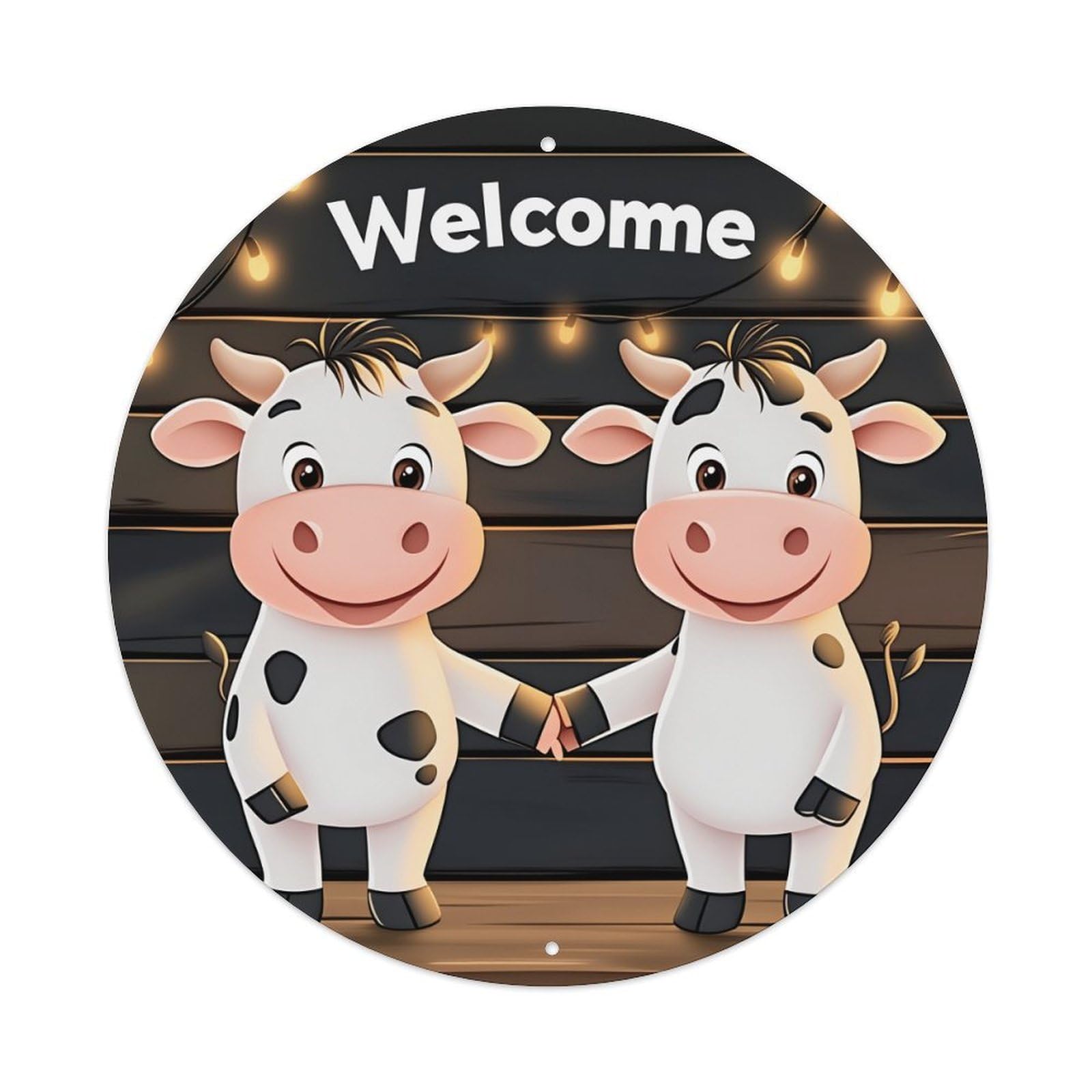 Cute Cow Couple Holding Hands Round Tin Sign Vintage Metal Poster, Home Bar Garage Man Cave Cafe Indoor & Outdoor Wall Decoration 8x8Inches