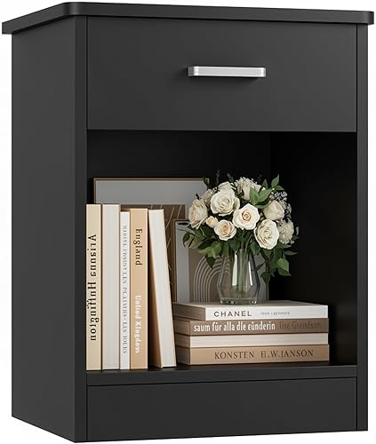 FOTOSOK - Mesita de noche, mesa auxiliar de 2 niveles con cajón y estante de almacenamiento, mesa de noche, mesa auxiliar moderna para dormitorio,