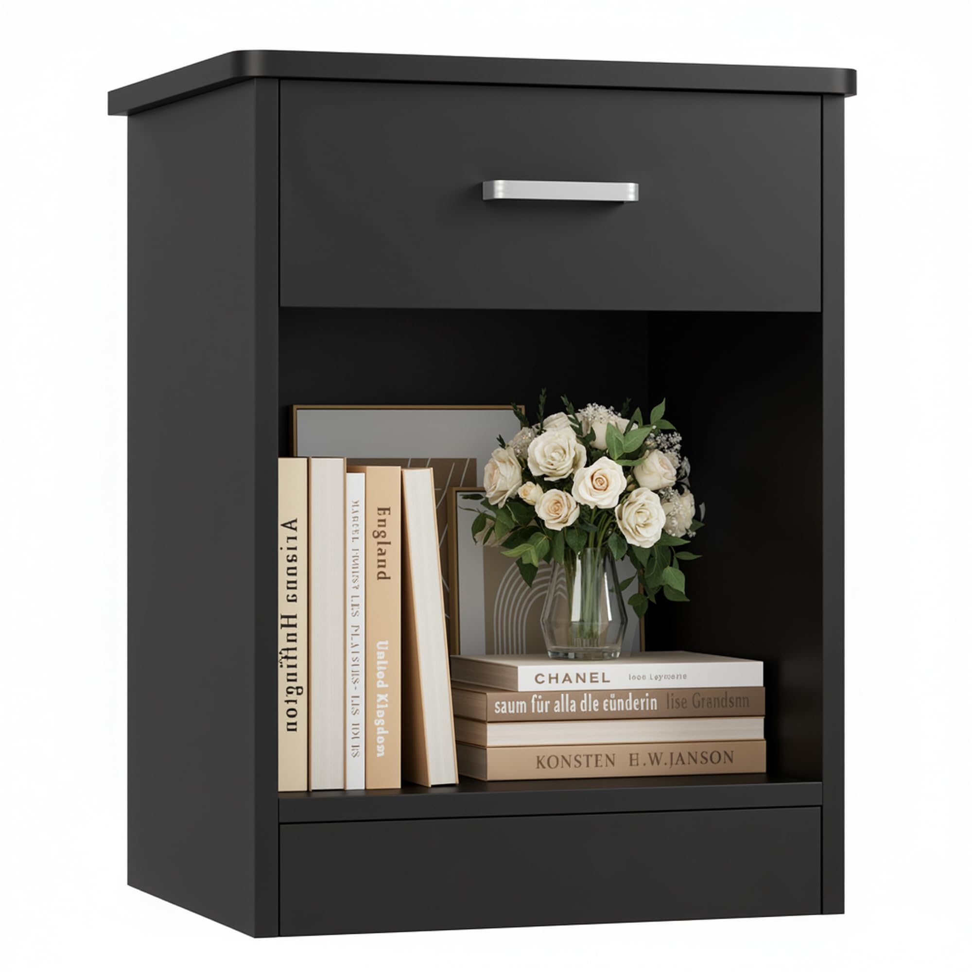 Nightstand, 2-Tier Side Table with Drawer and Storage Shelf, Bedside Table End Table, Modern Night Stand for Bedroom, Home Office, Black