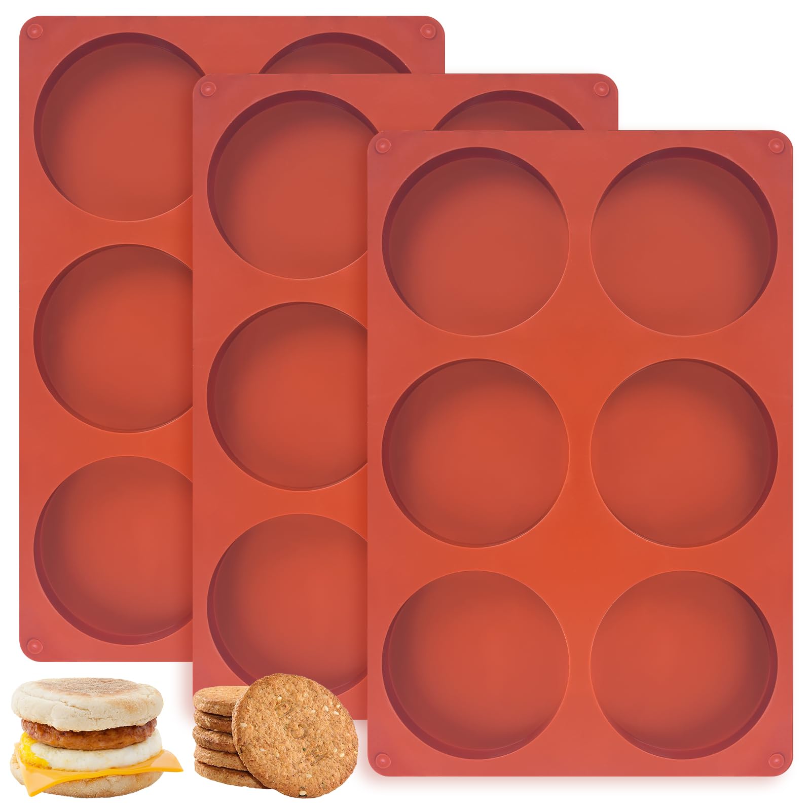 3 Pcs Silicone Egg Molds 4 Inch Jumbo Muffin Top Pans for Baking,Non-Stick 6 Holes Large Round Silicone Molds for Hamburger Egg Whoopie Pie Sandwich