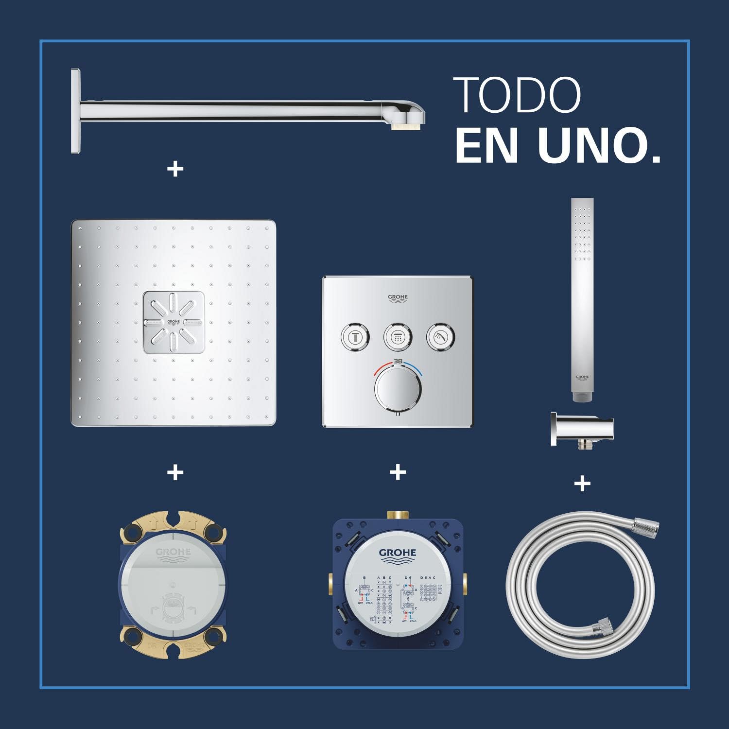 GROHE Kit de ducha empotrado Precision SmartControl 310 mm, 2 tipos de chorro, caja de instalación universal, manguera de ducha de 1500 mm, termostato empotrado, cromo, 34875000