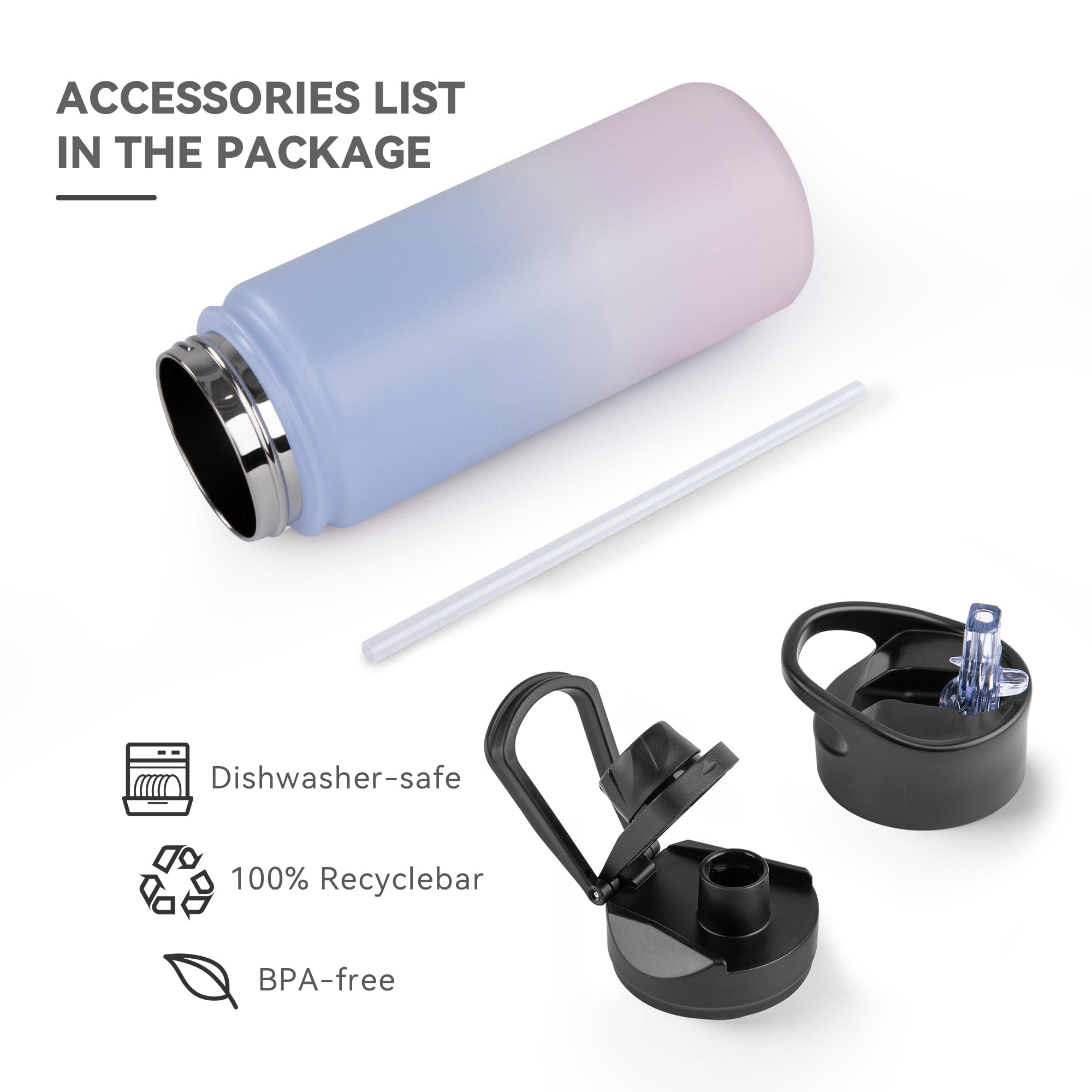 UMBFUN Insulated Water Bottle, 500ml 2 Lids (Straw Lid and Spout Lid) - Image 3