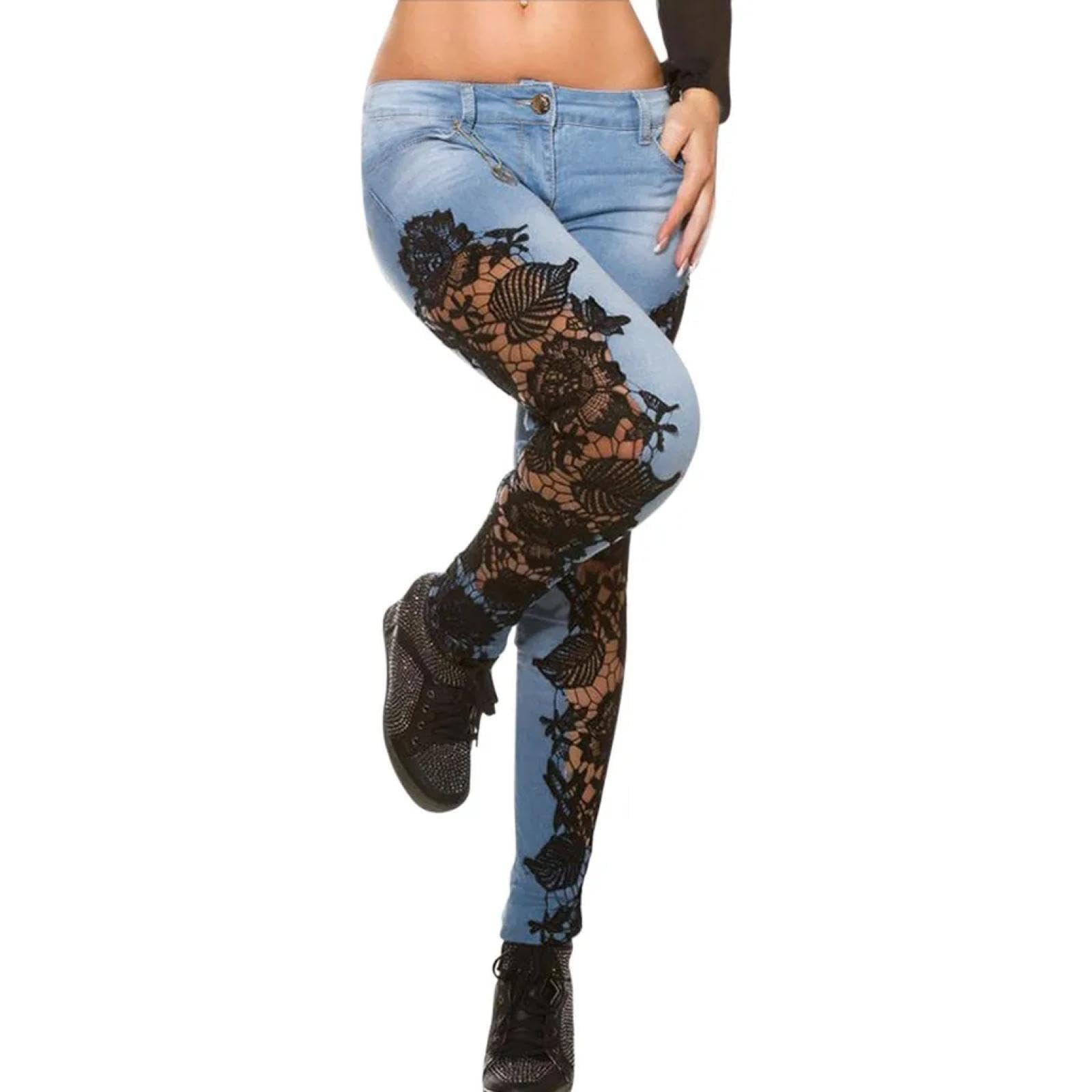Jeans Pantalon Jeanshosen Denim Damen Jeans Spitze Hohl Aus Applikationen Transport Match Floral Mode Jeans Push Up Leggings Kleidung