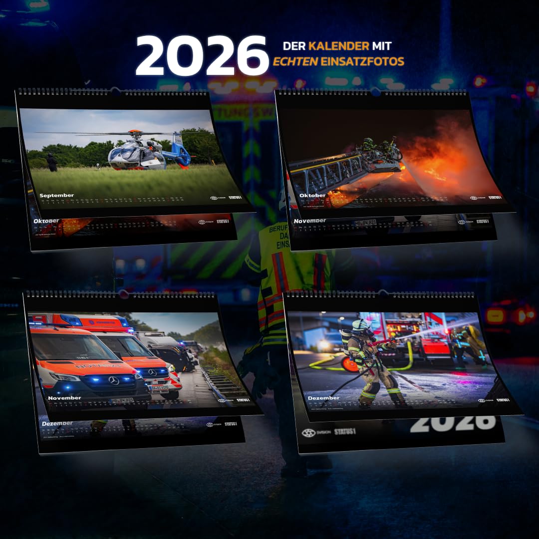 Feuerwehrkalender 2026 (Mega Bundle Wandkalender XXL A2 + A4 & Tischkalender A5) - Echte Einsätze von Feuerwehr, Rettungsdienst & Polizei - der Blaulichtkalender von 5 VISION & STATUS 1