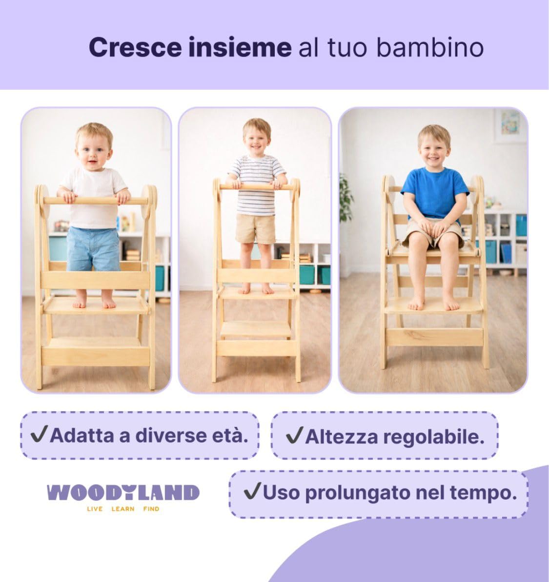 WOODYLAND Torre montessoriana Find, sgabello bambini regolabile e salvaspazio in legno naturale, ideale per cucina e bagno, 18 Mesi–6 Anni, 118 x 56 x 18 cm