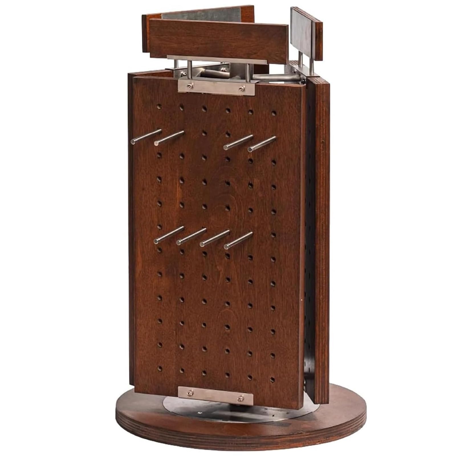 Espositore Girevole a 3 Lati in Legno con Pannello Forato, Supporto Rotante con 12 Ganci in Acciaio Rimovibili, Ideale per fiere e Negozi.