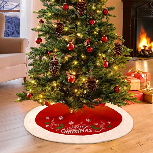 48 Inches Christmas Tree Skirt,Red Tree Skirt With Snowflake Christmas Decorations Indoor,Christmas Tree Mat Gree Embroidered Leaf Soft Plush For Holiday Party Xmas Home Decor #TOP5