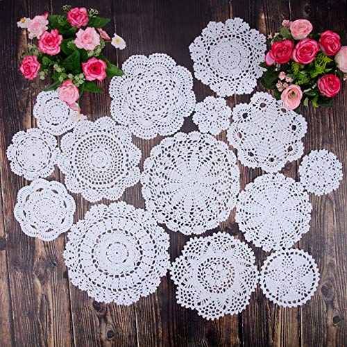 TOSEEY 14Pcs 100% Cotton Hand Crochet Doilies 3-10 inches Round White Beige Vintage Wedding Tea Party(White) - Thumbnail 5