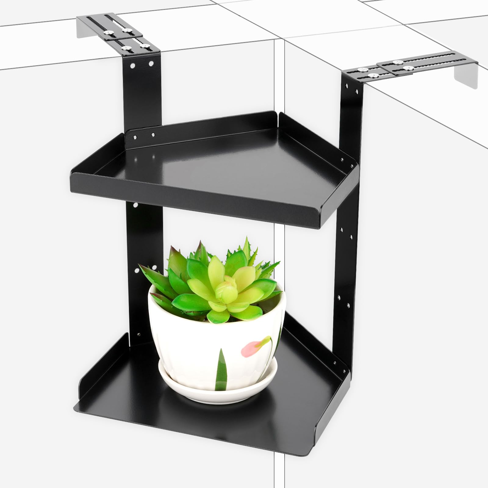 Olpchee Office Cubicle Shelf Storage Organizer Accessories Height Adjustable Cubicle Corner Shelf with Hooks (Black, Double Layer)