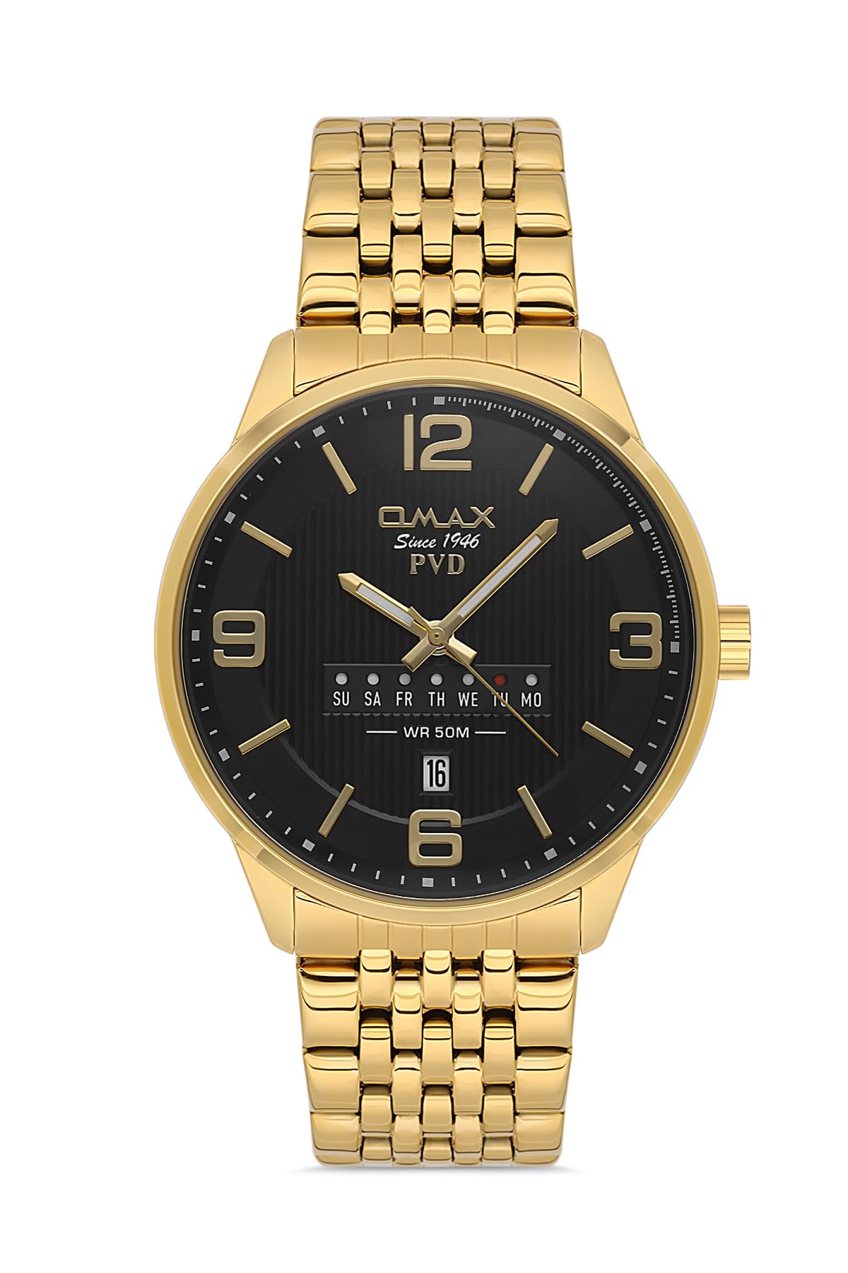 Omax Original Watches for Men Gold Stainless Steel Strap 44mm Round Shape Date, Day & Time Analog Wrist Watch 100% Waterproof Business Casual Wear Gifts Made in Japan 1 Year Warranty