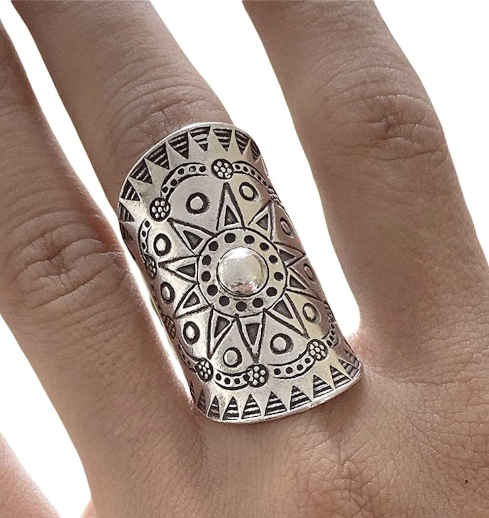 Handmade Sterling Silver Boho Wide Statement Ring with Oxidized Solar Star Mandala Pattern, Adjustable to sizes 6-11, Gypsy Tribal Hippie Symbolic Sun Ring, Gift for Her