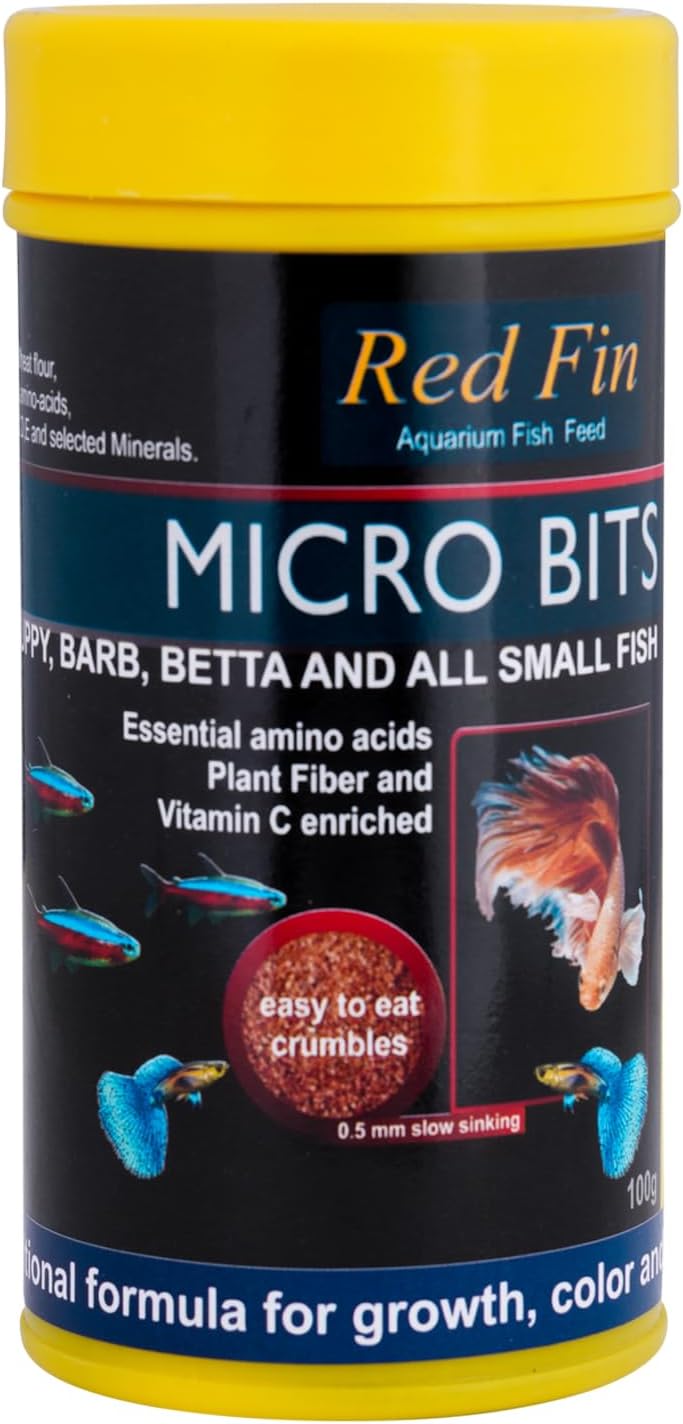 - JSquare Red Fin Micro Bits Fish Food for Aquarium| 0.5mm - Slow Sinking Crumbles|Enhances Natural Color & Immunity for tetras, Guppies, barbs, bettas & Tropical Fishes | 100g, all life stages