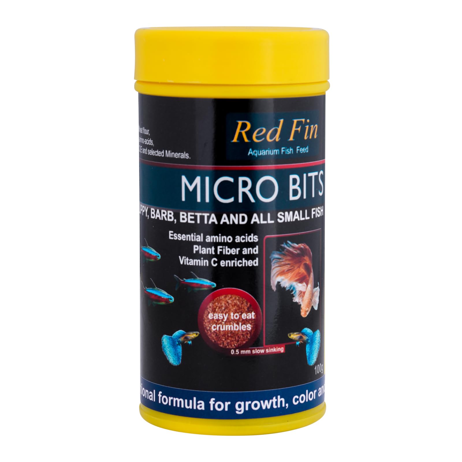 JSquare Red Fin Micro Bits Fish Food for Aquarium| 0.5mm - Slow Sinking Crumbles|Enhances Natural Color & Immunity for tetras, Guppies, barbs, bettas & Tropical Fishes | 100g, all life stages