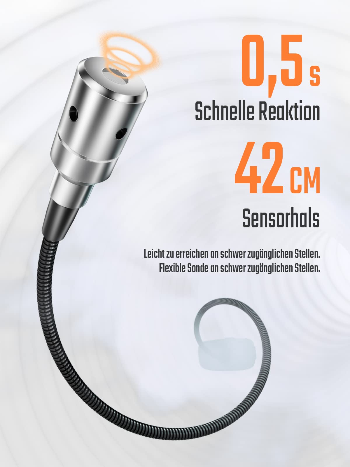Gasmelder, TopTes PT520A Erdgasdetektor für Zuhause und Wohnmobil mit 43,5 cm Sonde zur Ortung von Gaslecks wie Propan, LPG (3X AAA-Batterien inklusive, deutsche Bedienungsanleitung) - Orange