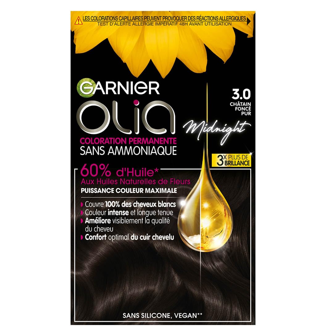 Garnier Coloration Permanente - Sans Ammoniaque - Aux Huiles Naturelles de Fleurs - Châtain Foncé Pur (3.0) - Olia