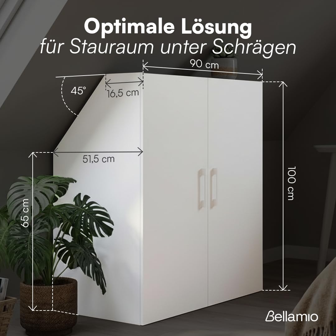 Bellamio Aland Dachschräge Regal weiß 100x90x52 HxBxT Schrank 2 Türen 3 Fächer Bücherregal Kleiderschrank