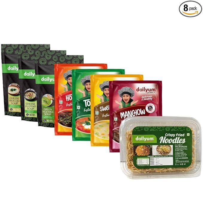 Soup-er Seven Soupy Noodly Combo of 8 |No Onion Garlic |Manchow |SweetCorn |Tomato | Hot N Sour | Green Veg. | Cheese Broccoli| Cheese Jalepeno |Jain Soup, 50g Each| Crispy Fried Noodles 200g