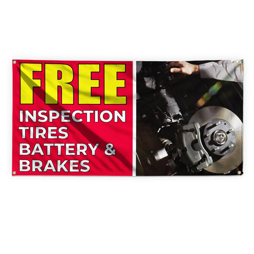 Free Inspection Tires Battery & Brakes Outdoor Advertising Printing Vinyl Banner Sign With Grommets - 3ftx6ft, 6 Grommets