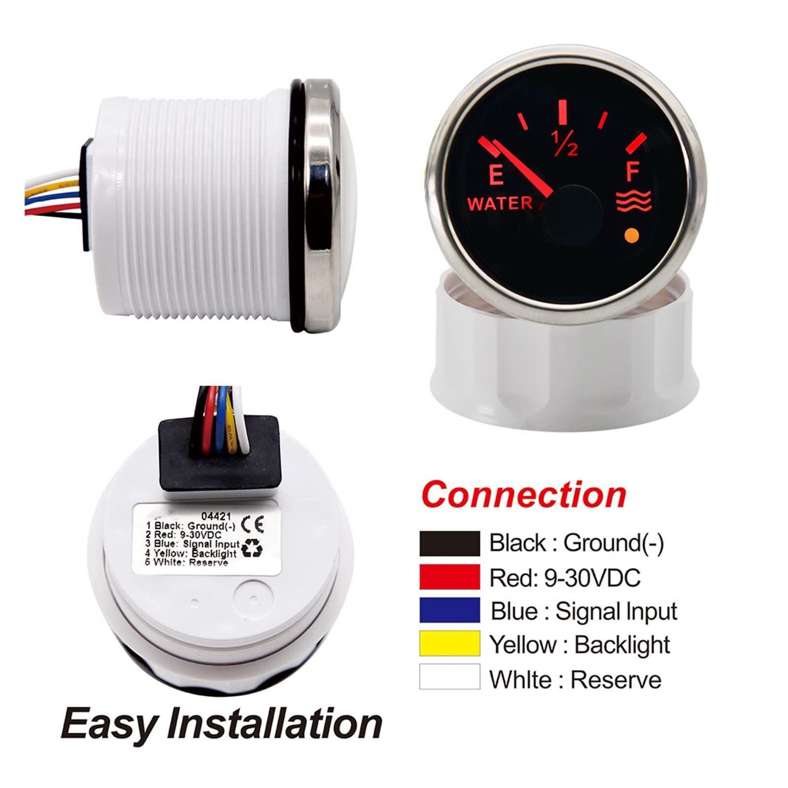 Czujnik poziomu cieczy, 52mm wskaźnik poziomu wody łodzi ze stali nierdzewnej z czujnikiem w zbiorniku samochodowym dla Auto Truck Marine Meter 9-32V)(With 525mm Sensor)