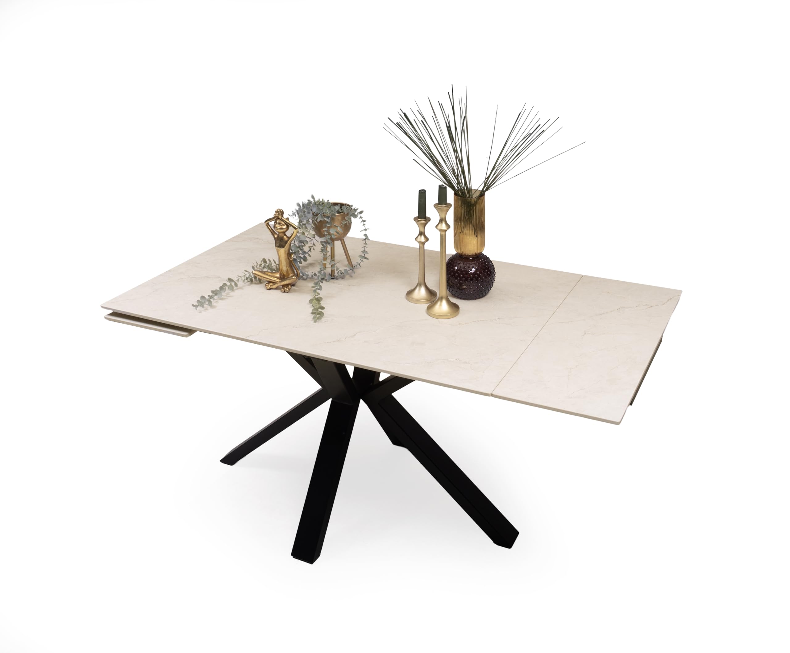 Homely® | Mesa de Comedor Extensible Marble con Tapa Porcelánica 120-180x80 cm | Acabado Efecto Mármol Boticcino Beige | Patas Metálicas Negras | Mesa Cocina, Comedor Moderna
