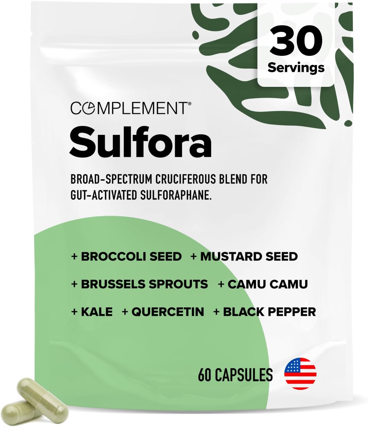 Complement Sulfora Sulforaphane Supplement with Myrosinase - 52mg Glucoraphanin from Broccoli Seeds, Kale & Quercetin - Antioxidant Detox & Immune Support - 60 Capsules, 30 Servings