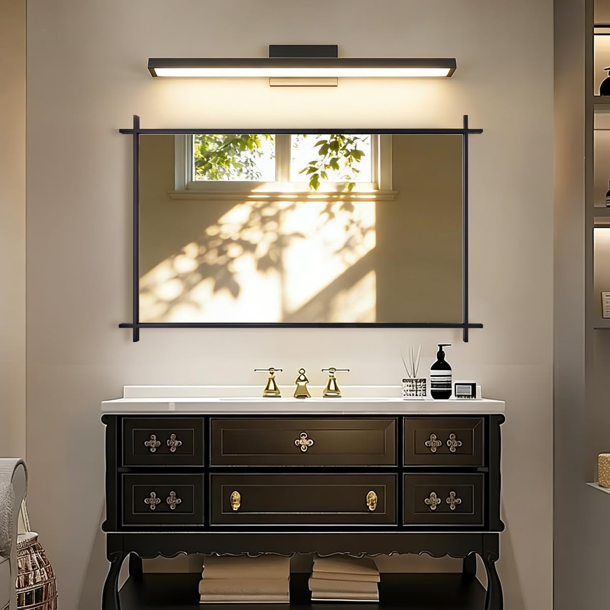 Photo 1 of ANDY STAR 30x48’’ Black Bathroom Vanity Mirror, Unique Large Cross-Corner Rectangle Wall Mirror Industrial Minimalist for Home Decor in 1’’ SUS Metal Frame Wall Mounted Vertical/Horizontal
