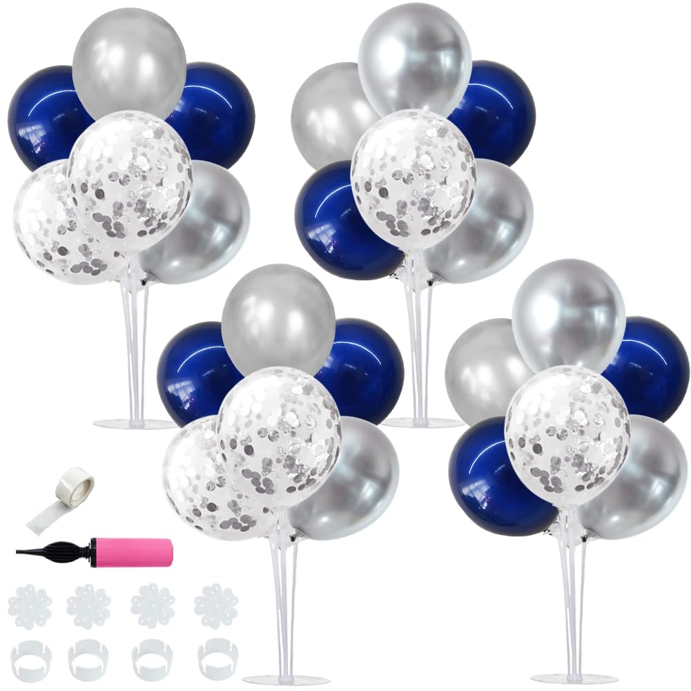 TONIFUL 4 Set Navy Blue Silver Balloon Centerpieces for Table,Balloon Stand Kit for Graduation Decoration 2026,Retirement Party Decorations,Men’s