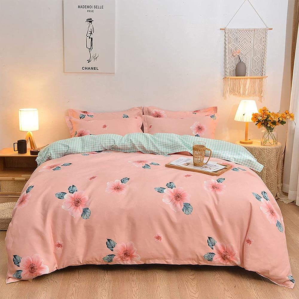 100% Cotton Duvet Cover Sets Full Size 4 PCS Soft Comforter Sets Boho Flowers Bedding Set with Zipper Closure and Corner Ties (1 Duvet Cover 1 Bed Sheet 2 Pillowcase)-King_H