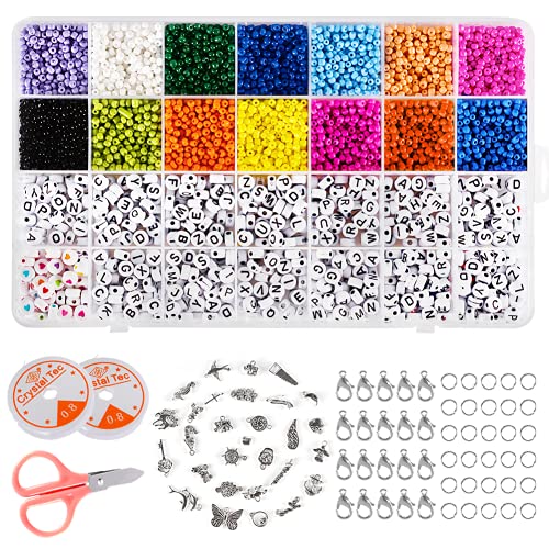 Sixome 5800 Pcs Glasperlen und 700 Stück Perlen mit Buchstaben, 3MM Rocailles Glasperlen Mini Perlen Zum Auffädeln für Kinder Armband Set Selber Machen Haarband Schmuck Basteln Bastelset (Beads-6500) Cover