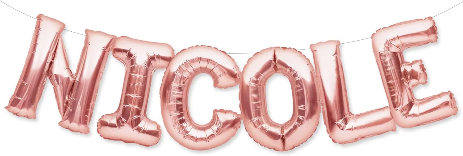 PartyForever NICOLE Balloon Banner Big 16 Inch Rose Gold Foil Balloons Letters Name for Women and Girls Birthday Party Decorations and Wedding Supplies for Her